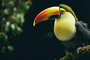 In a green forest, a toucan is perched on a branch AI Generated photo