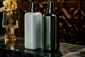 Monochromatic image bottle and soap dispenser in vintage, timeless elegance AI Generated photo