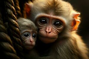 madre mono nutre niño, personificando amor para familia cautiverio ai generado foto