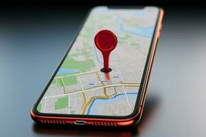 Map guidance on 3D smartphone render with prominent red pointer AI Generated photo