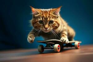 Vibrant blue setting highlights a cats funky skateboard skills impeccably AI Generated photo