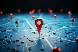 3D render. Red locator and blue pin symbolize map search AI Generated photo