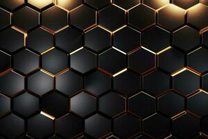 Elegant Dark Geometric Texture Illustration - Luxury Hexagonal Black Metal with Golden Light Lines, AI Generated photo