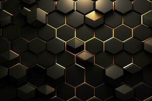 Luxury Hexagonal Abstract Black Metal Background with Golden Light Lines - Modern 3D Geometric Texture, AI Generated photo