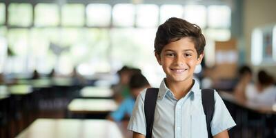 Smiling Hispanic Boy at Modern School, Happy Education Journey of Diverse Schoolboy - AI Generative photo