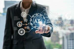 Business people working with Artificial Intelligence in the futuristic business, Machine learning technology and innovation concept photo
