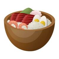 Asian style rice poke with shrimp and tuna. vector illustration on a white background.