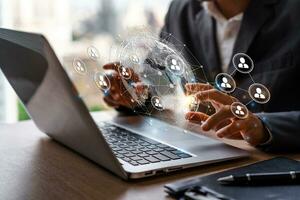 Businessman using smart devices for Digital technology connection and organization chart team, Human resources management concept photo
