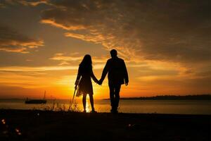 Hand in hand, lovers embrace sunset, epitomizing boundless freedom AI Generated photo