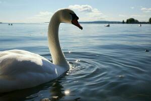Graceful swan glides, serenely adrift on tranquil waterscape AI Generated photo