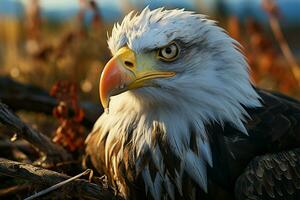 A sunny day showcases an eagles close up beauty in the field AI Generated photo