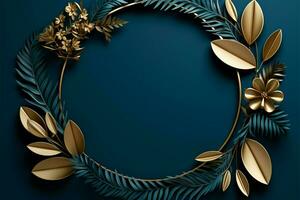 Golden framed circle leaves on an elegant blue background, serene sophistication AI Generated photo