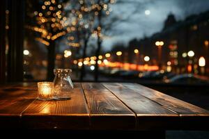 Wooden table waits amid bokeh lights, cafe charm blending with serene emptiness AI Generated photo