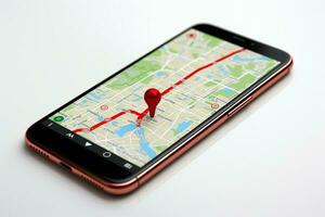 aislado blanco fondo, mapa en teléfono inteligente pantalla con dos rojo marcadores ai generado foto