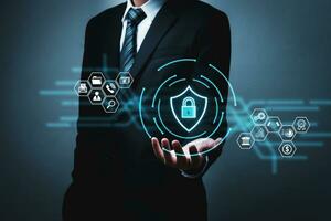 Cybersecurity. business man in suit with virtual cyber security graphic icon diagram, internet security, privacy information, digital marketing, business finance, internet network technology concept photo