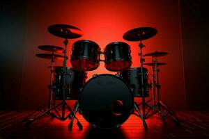 Professional rock drum kit with red backlight in a dark room, 3D rendering AI Generated photo