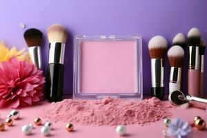 Cosmetics collection on pink backdrop, space for personalized text AI Generated photo