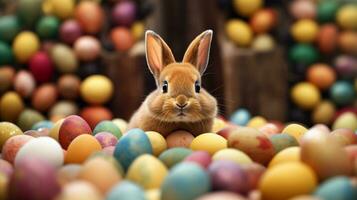 A rabbit sitting in a pile of eggs,  Generative AI photo