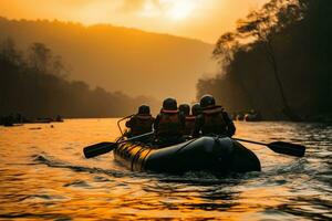 A tight shot showcases the intensity of young rafters on river AI Generated photo