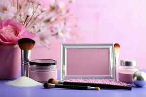 Pink themed cosmetics assortment with text space for your branding AI Generated photo