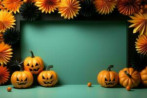 Top view Halloween concept Creative orange paper table decoration on a background AI Generated photo