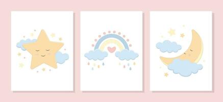 Vector set of greeting cards and posters. Cute cartoon drawings of the month, clouds, stars and rainbows for a children's holiday, a waiting party