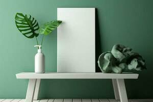 Serene office desk with an empty frame, green branches, potential AI Generated photo