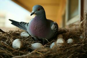 Mother pigeon patiently awaits her precious offspring AI Generated photo