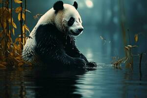 panda descansa por estanque en brumoso bosque cautivador ilustrativo paisaje ai generado foto