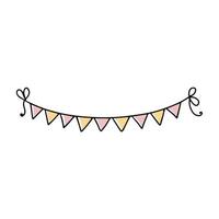 Triangle flags on a string  in doodle style on a white background. Festive concept. Hand drawn vector colored outline icon.