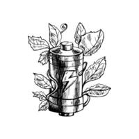Hand-drawn sketch of leaves sprouting on battery. Energy based on ecology sveing concept. Detailed doodle illustration. Vintage drawing. vector