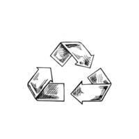 Hand-drawn sketch of recycle symbol on a white background. Eco concept. Vector doodle icon. Retro style.