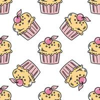 Doodle-style seamless pattern of cupcake with a cherry on top. Festive concept. Hand drawn color vector outline sketch.