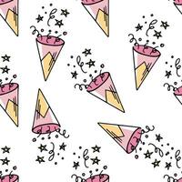 Doodle-style seamless pattern of festive firecracker with flying confetti for birthday or new year. Festive concept. Hand drawn color vector outline sketch.