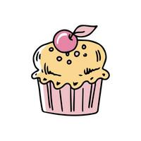 Cupcake with a cherry on top in doodle style on a white background. Festive concept. Hand drawn vector colored outline icon.