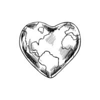 dibujado a mano planeta tierra bosquejo en corazón forma. naturaleza y ecología vector ilustración. tierra día elemento. Clásico estilo.