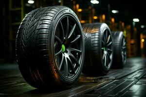 Studio captured fuel efficient tires for summer, dynamic lighting, on dark background AI Generated photo