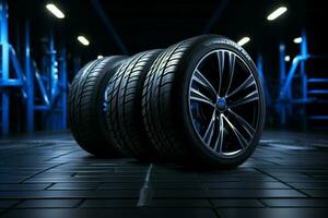 Black backdrop emphasizes fuel efficient summer tires, studio shot with dynamic lighting AI Generated photo