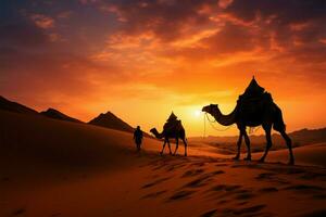 Indian cameleer with camel silhouettes in the desert at sunset AI Generated photo