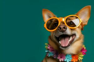 perro usa adorable anteojos, exudando encanto con un alegre sonrisa ai generado foto