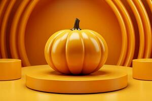 Dynamic display Abstract podium, 3D pumpkin on vibrant orange backdrop AI Generated photo