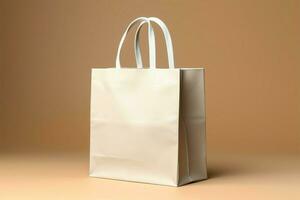 a white paper bag with a handle on a beige background AI Generated photo