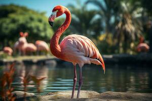 Lush lawn backdrop Graceful pink flamingo by exotic palm trees AI Generated photo