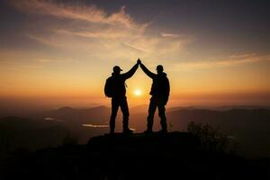 Hiking triumph, Silhouetted hands raised in teamworks victorious celebration on mountain AI Generated photo