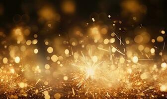 AI Generative. Golden dramatic bokeh and sparklers dance. Created with AI photo