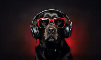 AI Generative. Stylish labrador dog DJ with glasses and headphones. Created with AI photo