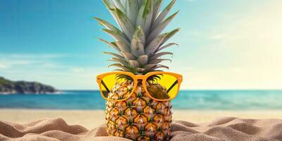 AI Generative. Background of pineapple with sunglass. Created with AI tools photo