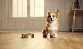 AI Generative. Corgi dog eagerly awaits meal beside a food bowl. Created with AI tools photo