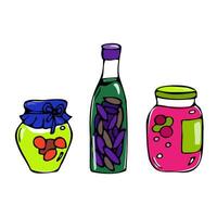 vector set of cans and bottle with preparations for the winter in cartoon style on a white background