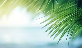 Close-up of palm leaf with blurred tropical beach. Created with AI photo